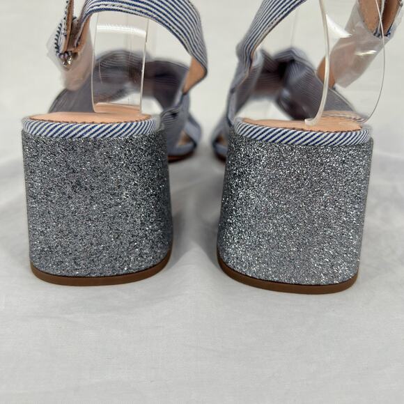J. CREW Twisted-Knot Penny Sandals 8.5 Blue White Pinstripe Glitter Block Heel - Picture 7 of 10